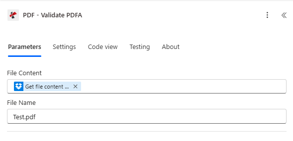 PDF Validate PDFA action in Power Automate showing File Content and File Name parameters